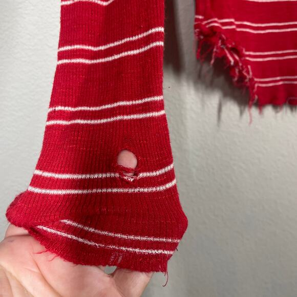 Free People Medium Scoop Neck Tee Red Stripe Linen Blend Frayed Hem Long Sleeves - Picture 5 of 12